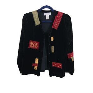 Susan Bristol Vintage Mixed Media Black Open Front Cardigan Jacket Size L